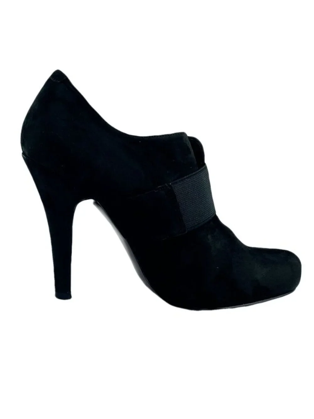 JESSICA SIMPSON Black Suede Heeled Booties With Large Buckle Accent